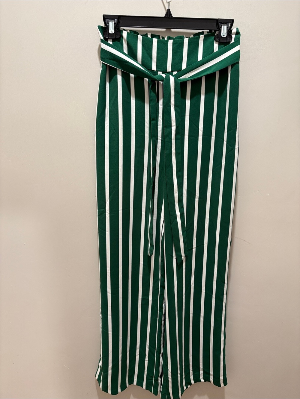 Forever 21 Emerald & White Vertical Stripe Tie-Waist Wide Leg Pants